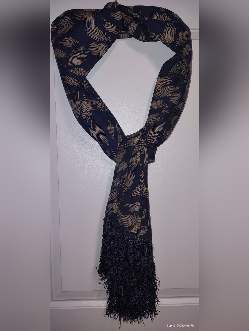 Double-Layered 100% Silk Scarf Navy & Tan Brushstroke Fringe Trim Unbranded